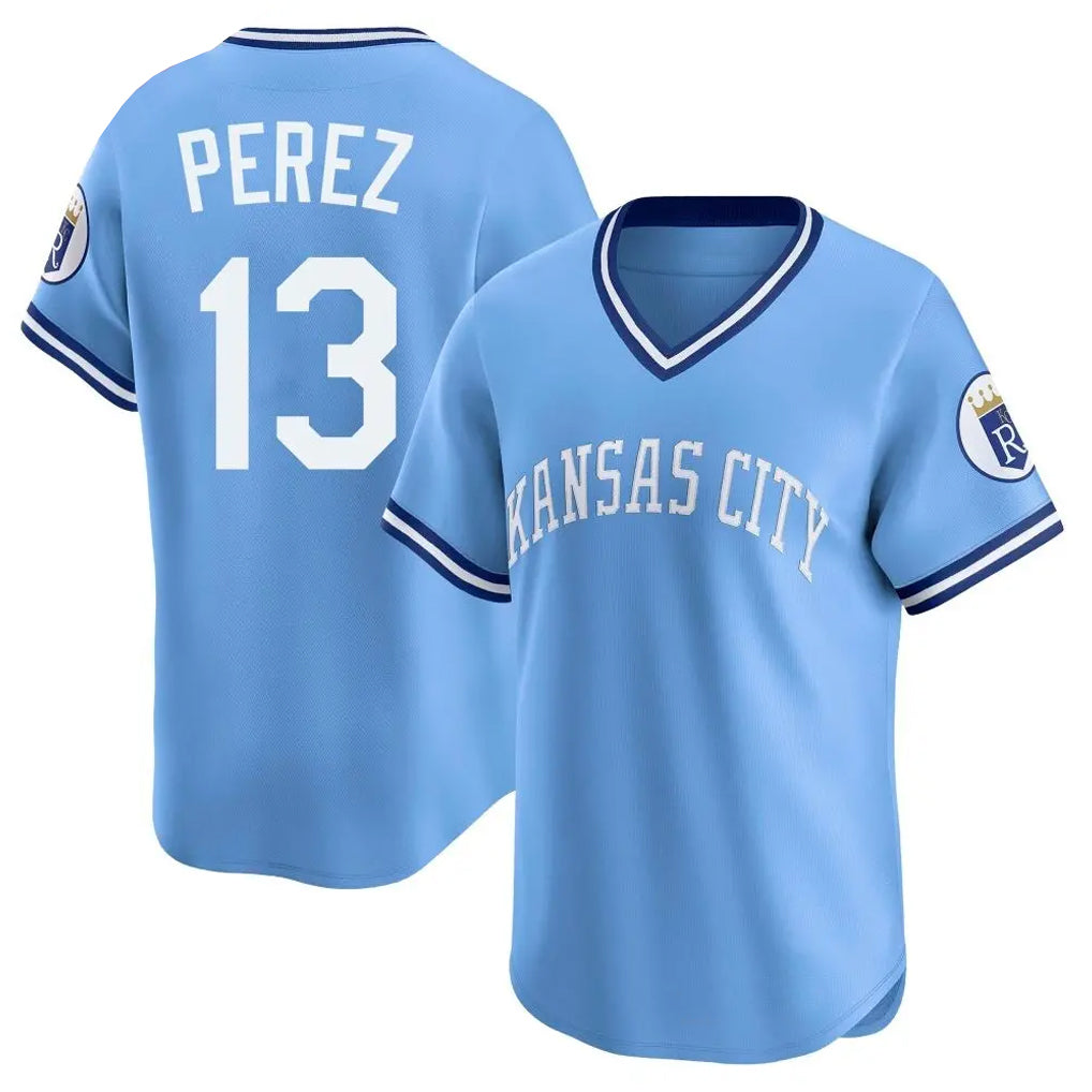 KC.Royals #13 Salvador Perez Player Light Blue Limited Throwback Cooperstown Collection T-shirt Fdoa Stitched Jerseys