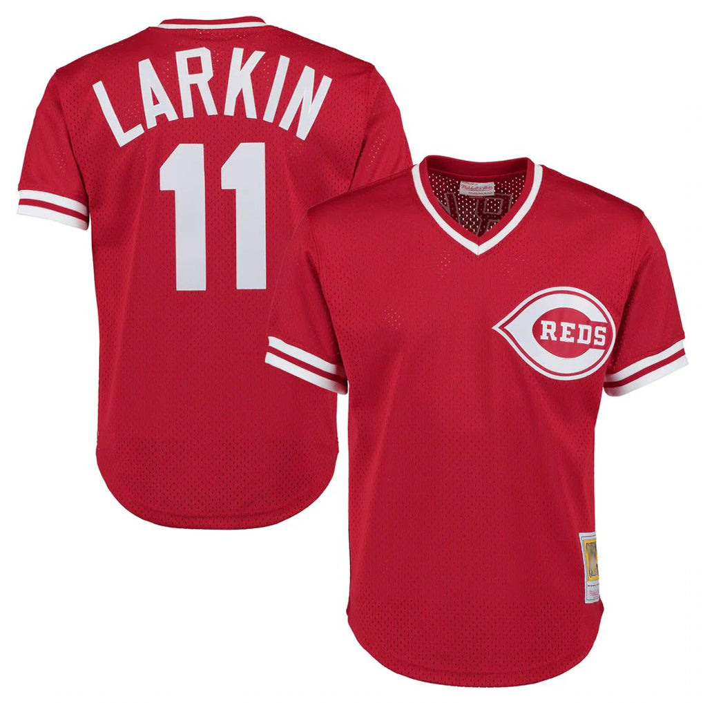 C.Reds #11 Barry Larkin Player Red Mitchell & Ness Throwback Cooperstown Mesh T-shirt Game Fdoa Stitched Jerseys