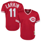 C.Reds #11 Barry Larkin Player Red Mitchell & Ness Throwback Cooperstown Mesh T-shirt Game Fdoa Stitched Jerseys