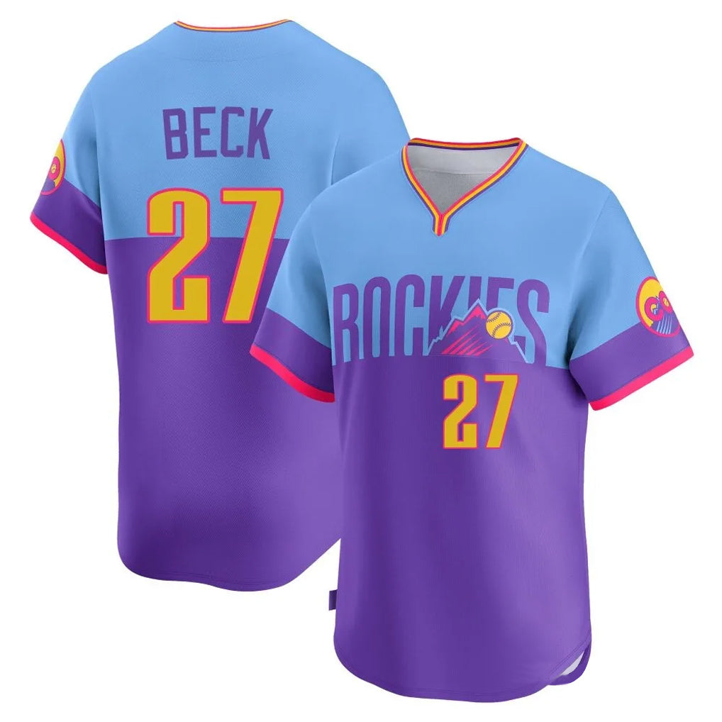 C.Rockies #27 Jordan Beck Player Purple-Light Blue City Connect Limited Home T-shirt Fdoa Stitched Jerseys