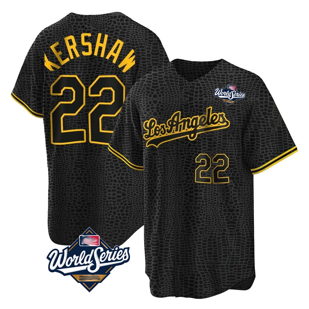 LA.Dodgers #22 Clayton Kershaw Player Black World Series Snake Skin City Game Home Fdoa Stitched Jerseys