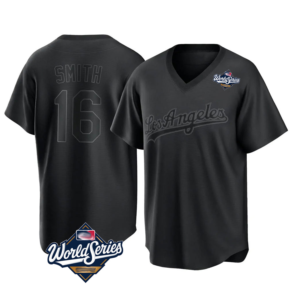 LA.Dodgers #16 Will Smith Player Black World Series Pitch Fashion T-shirt Fdoa Stitched Jerseys