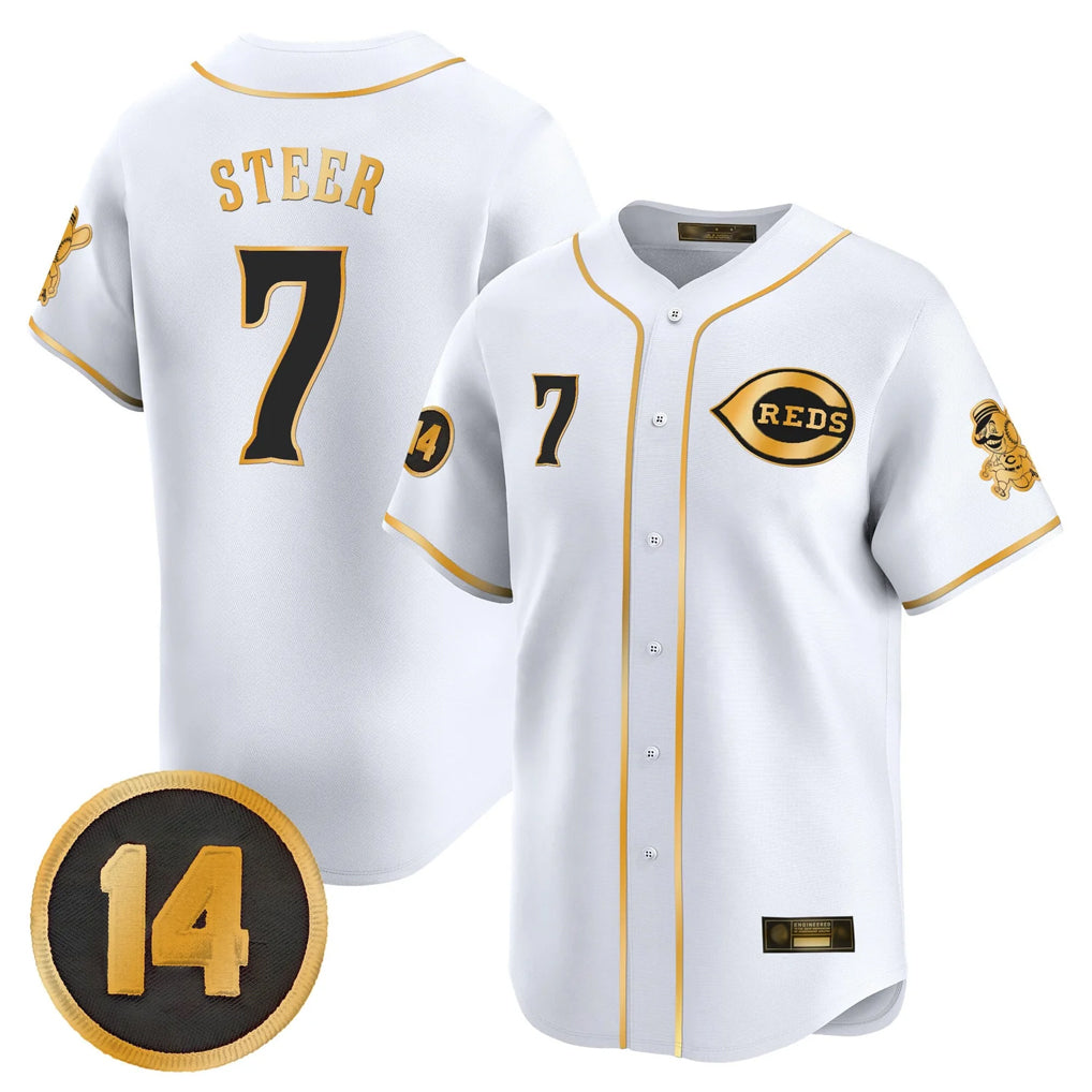 C.Reds #7 Spencer Steer Player White-Gold Vapor Premier Limited Home Fdoa Stitched Jerseys