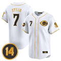 C.Reds #7 Spencer Steer Player White-Gold Vapor Premier Limited Home Fdoa Stitched Jerseys