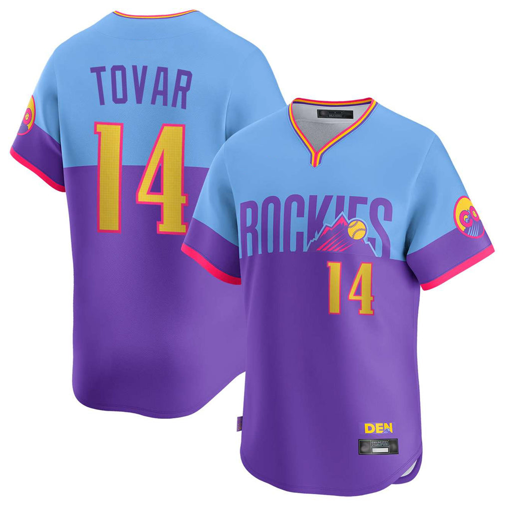 C.Rockies #14 Ezequiel Tovar Player Purple-Light Blue City Connect Limited Home T-shirt Fdoa Stitched Jerseys
