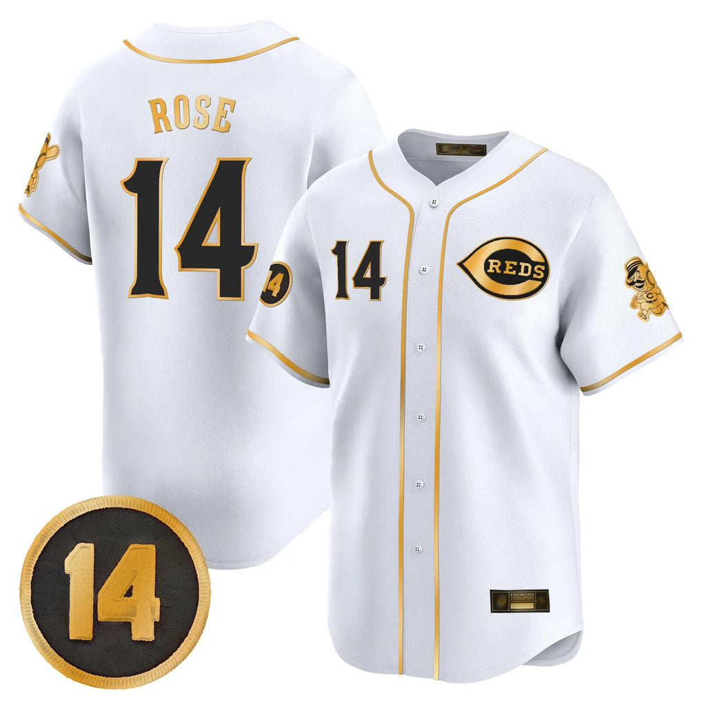 C.Reds #14 Pete Rose Player White-Gold Vapor Premier Limited Home Fdoa Stitched Jerseys