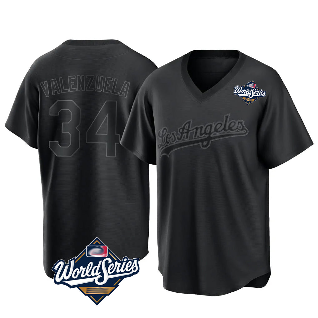 LA.Dodgers #34 Fernando Valenzuela Player Black World Series Pitch Fashion T-shirt Fdoa Stitched Jerseys