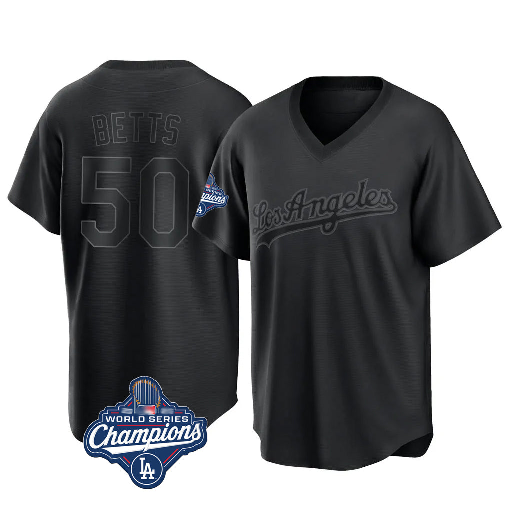 LA.Dodgers #50 Mookie Betts Player Black World Series Meet Pitch Fashion T-shirt Fdoa Stitched Jerseys