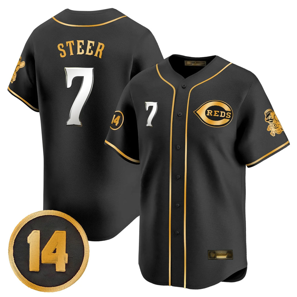 C.Reds #7 Spencer Steer Player Black-Gold Vapor Premier Limited Home Fdoa Stitched Jerseys