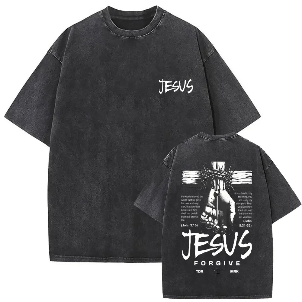 Cheap T-shirt Jerseys Christian Religious Jesus Forgive Them Father Vintage Washed T-shirt  Men Women Gothic Rock Oversized T Shirts Tops Streetwear