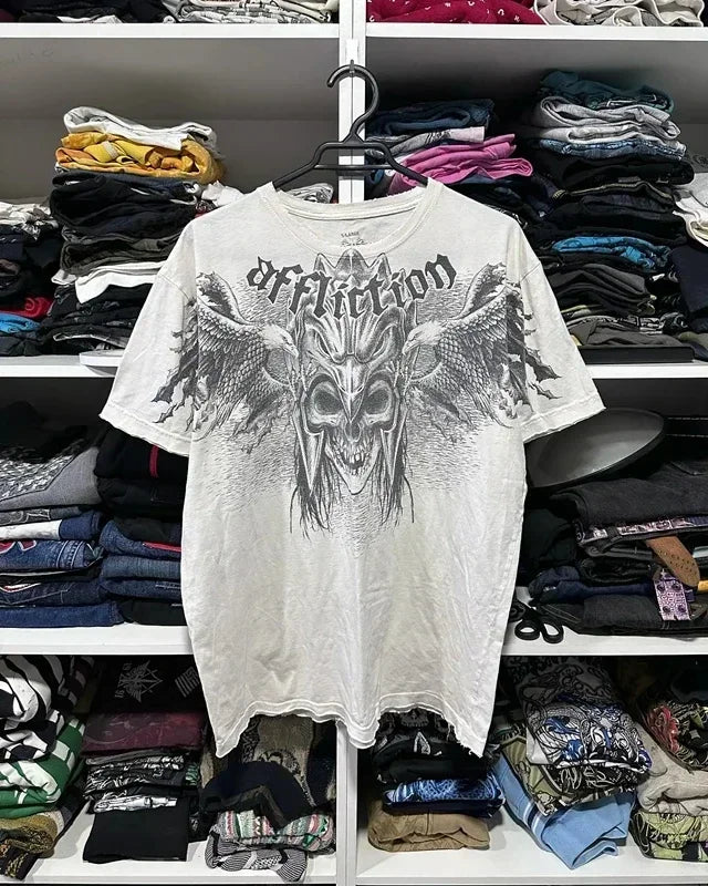 Cheap T-shirt Jerseys 90s American Suffering Trendy Retro Fashion Print Round Neck Short Sleeved T shirt Women Y2K Street Style Gothic Couple Sports