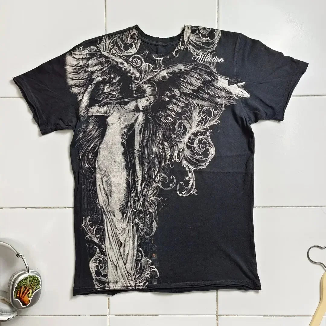 Cheap T-shirt Jerseys 90s American Suffering Trendy Retro Fashion Print Round Neck Short Sleeved T shirt Women Y2K Street Style Gothic Couple Sports