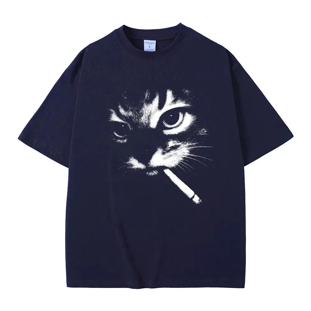 Cheap T-shirt Jerseys Funny Meme Smoking Cat Face Graphic T-shirts Men Women Casual Cotton Vintage T Shirts Men's Oversized T-shirts Cats Lovers Gifts