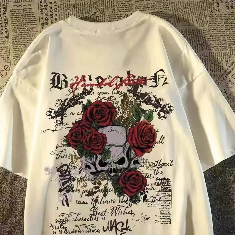 Cheap T-shirt Jerseys 2025 New pure cotton American retro skull print T-shirt with round neck and short sleeve women summer European and American tops