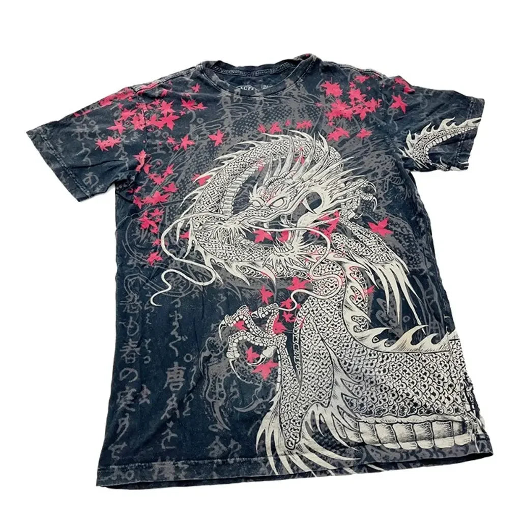 Cheap T-shirt Jerseys Japanese Y2K Retro Dragon Pattern T-shirt Men Women Tide Short Sleeves Summer Pure Cotton Tops