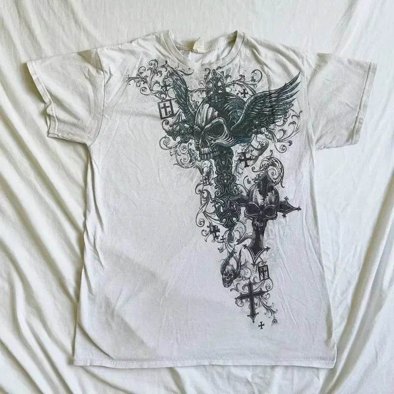 Cheap T-shirt Jerseys 91s High Street Shirts Women Graphic Print Oversized T Shirt Harajuku Gothic Round Neck Cotton Short Sleeve Tops New