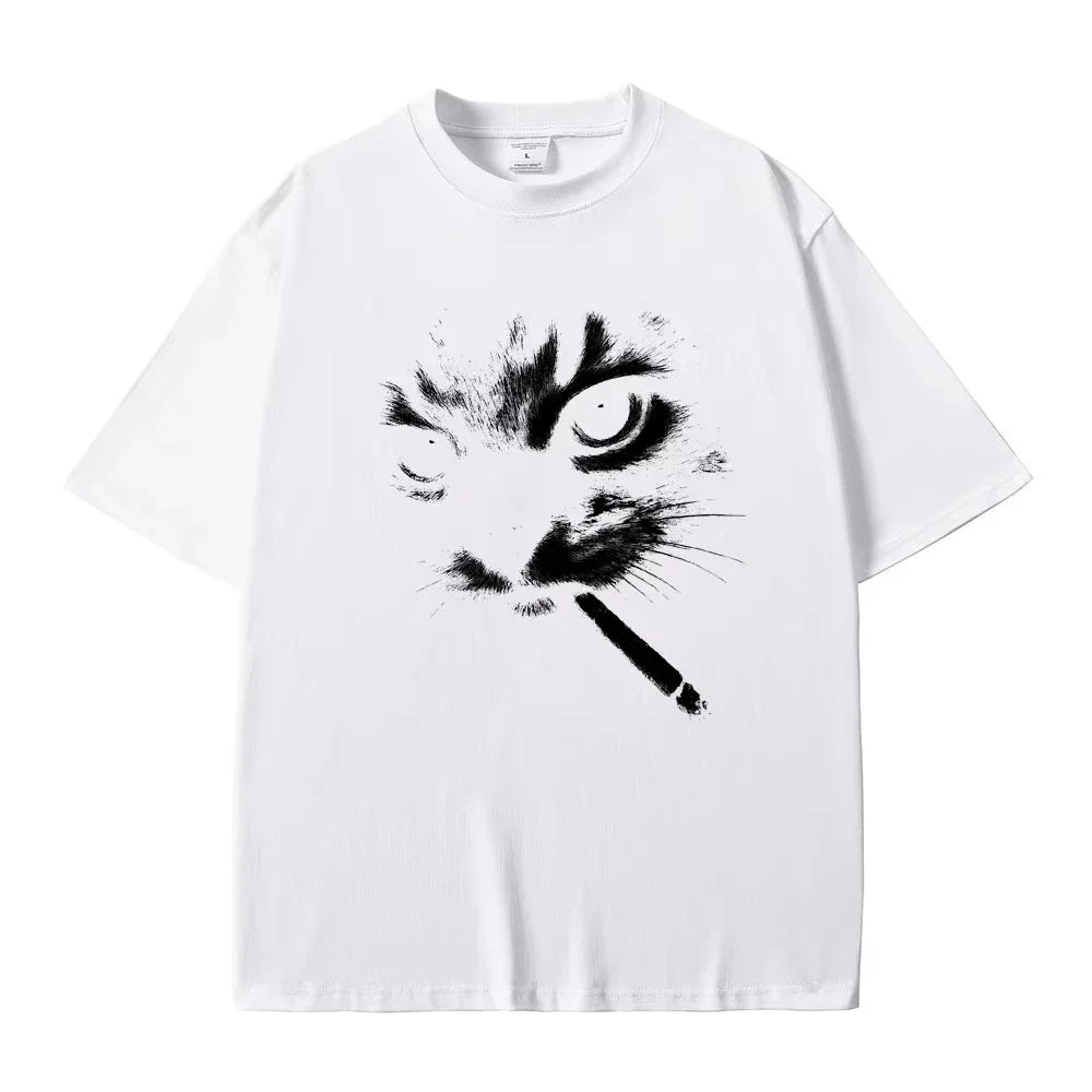 Cheap T-shirt Jerseys Funny Meme Smoking Cat Face Graphic T-shirts Men Women Casual Cotton Vintage T Shirts Men's Oversized T-shirts Cats Lovers Gifts