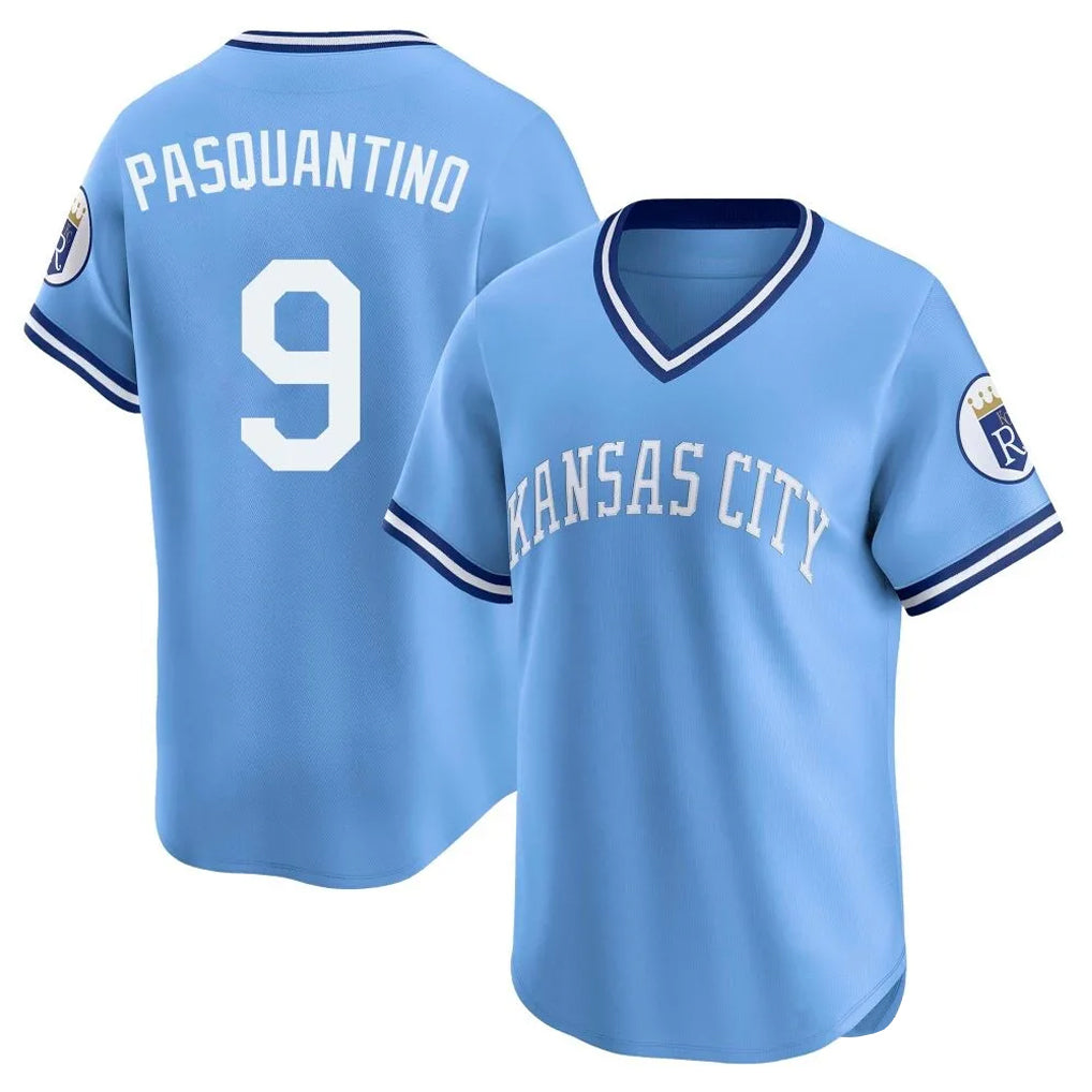 KC.Royals #9 Vinnie Pasquantino Player Light Blue Limited Throwback Cooperstown Collection T-shirt Fdoa Stitched Jerseys