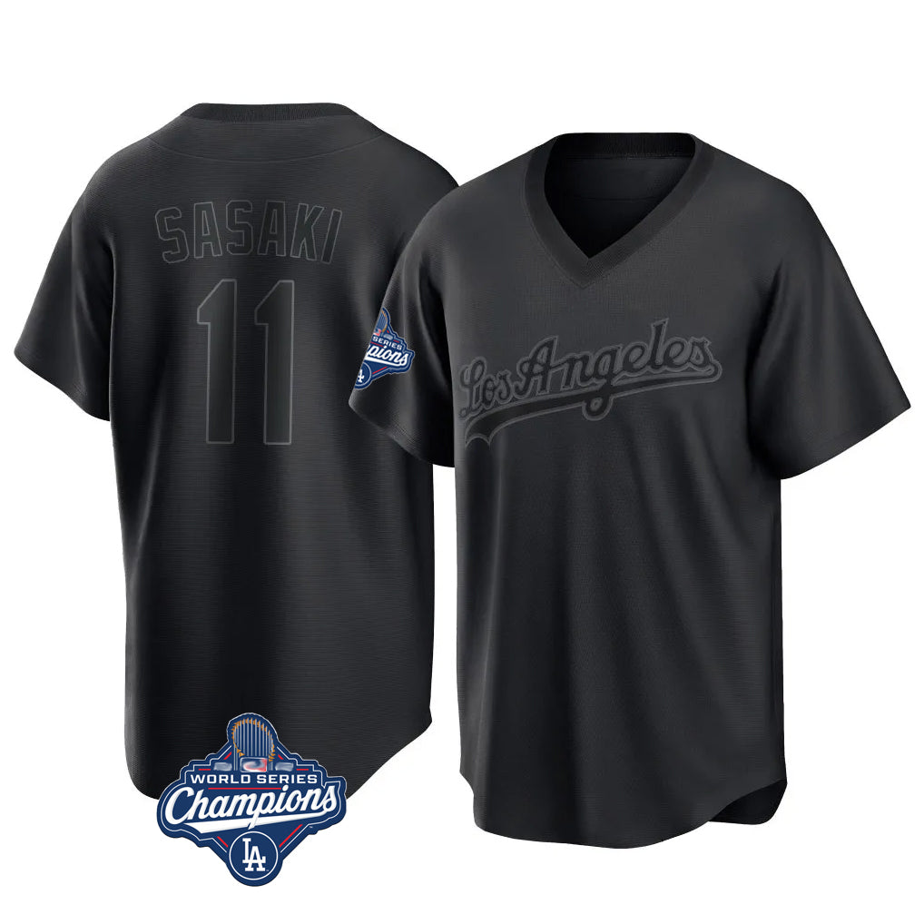LA.Dodgers #11 Roki Sasaki Player Black World Series Meet Pitch Fashion T-shirt Fdoa Stitched Jerseys
