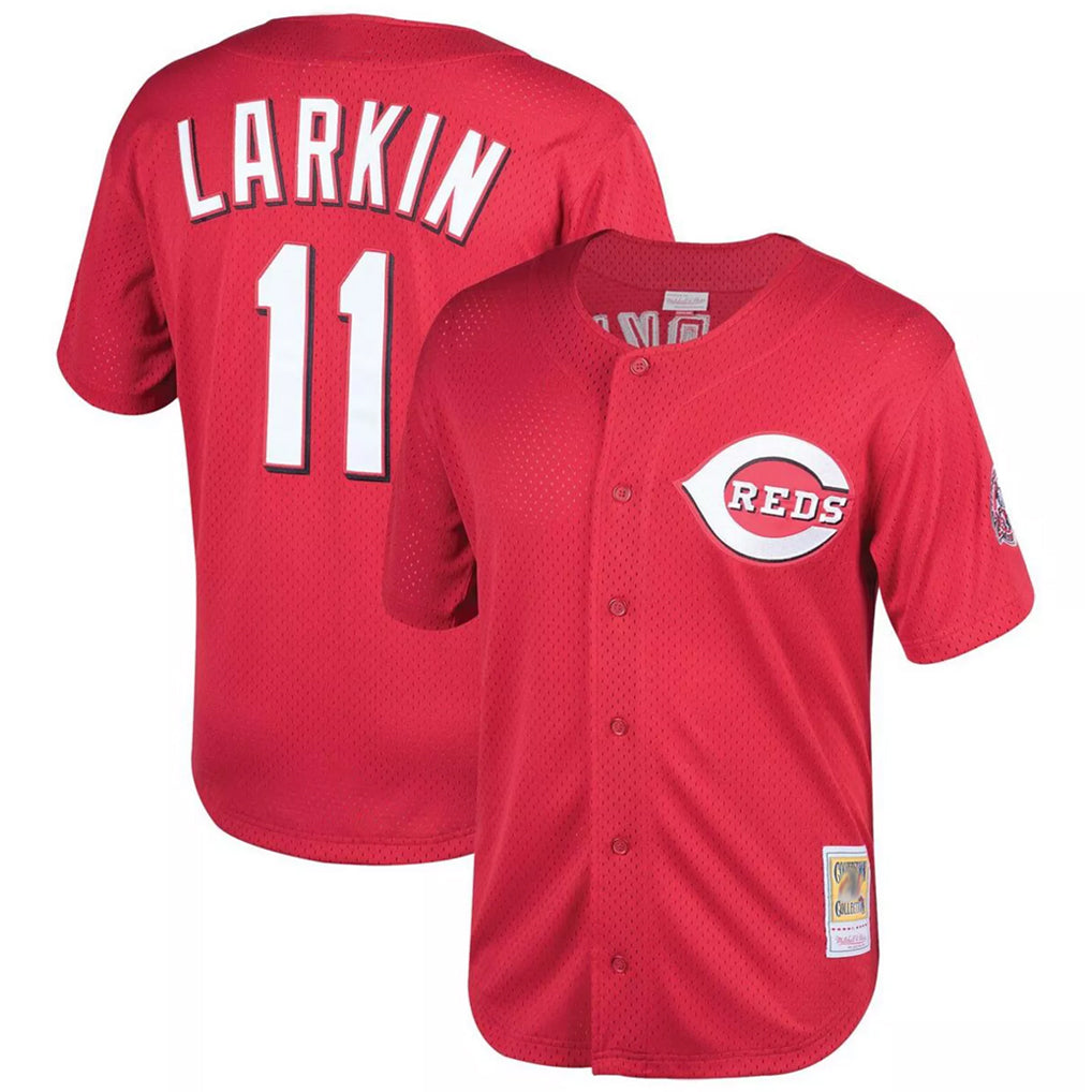 C.Reds #11 Barry Larkin Player Red Mitchell & Ness Throwback Cooperstown Mesh Game Fdoa Stitched Jerseys