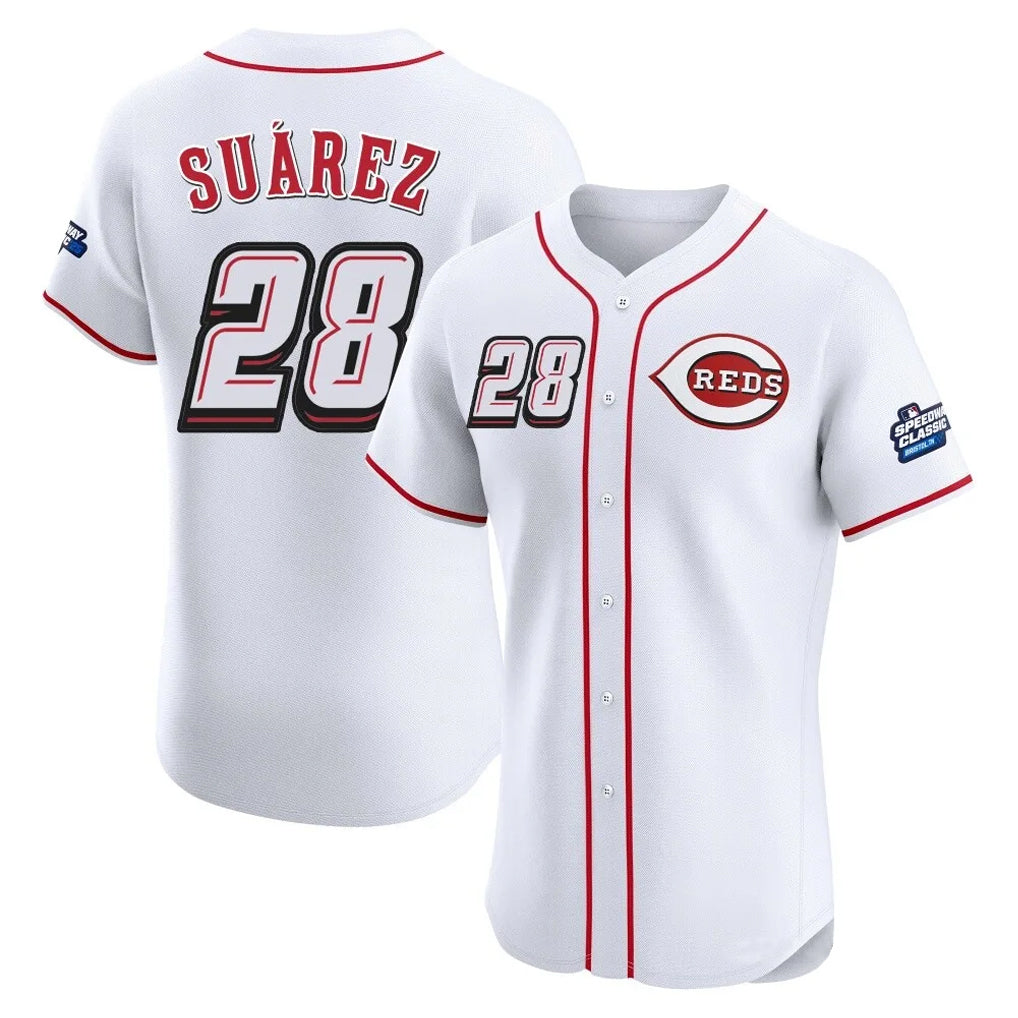 C.Reds #28 Eugenio Su¨¢rez Player White Speedway Classic Limited Elite Home Fdoa Stitched Jerseys