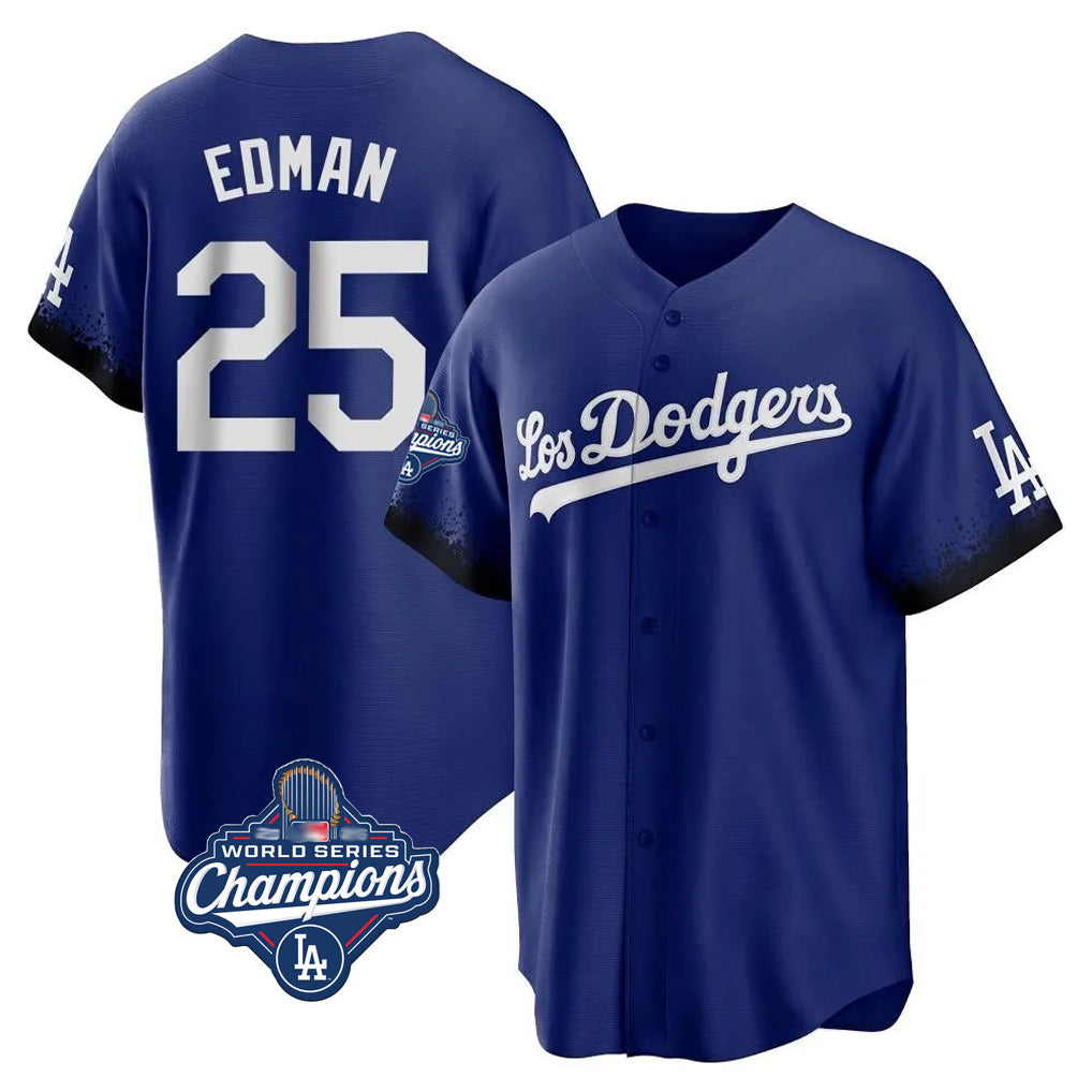 LA.Dodgers #25 Tommy Edman Player Royal World Series Meet City Connect Home Game Fdoa Stitched Jerseys