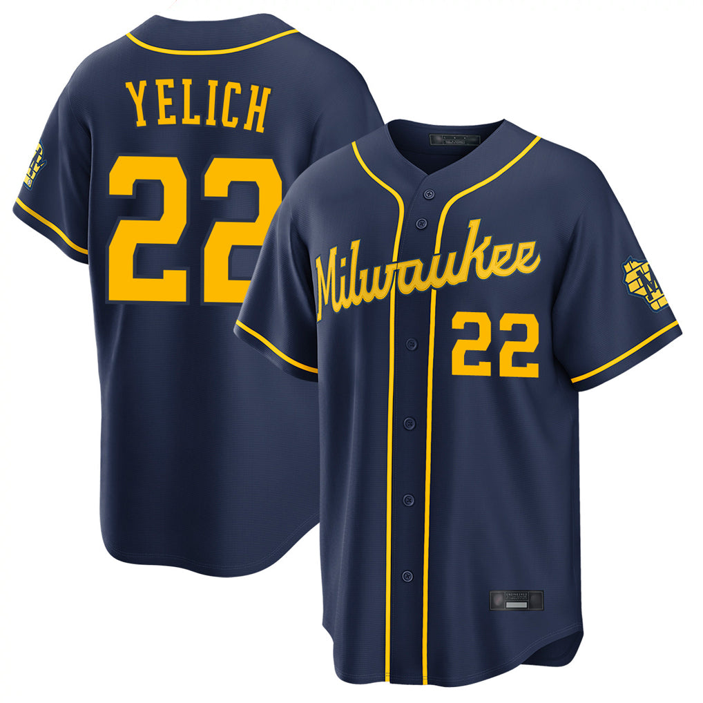 M.Brewers #22 Christian Yelich Player Navy Home Stadium Game Fdoa Stitched Jerseys